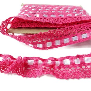 Koronka bawełniana  z tasiemką do marszczenia do celów ozdobnych do stosowania w krawiectwie, produkcja Polska- kolor: różowy z białą tasiemką- szerokość 3 cm