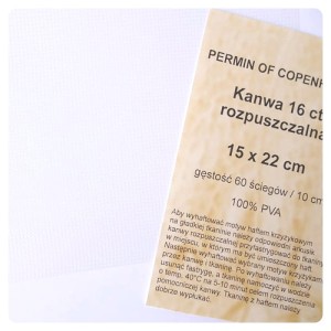 Kanwa rozpuszczalna do haftu na ubraniach, gęstość 16 ct 6 krzyżyków na 1 cm.
- wymiary arkusza: 15 x 22 cm