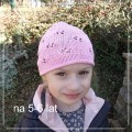 Czapka w kolorze różowym wykonana na drutach z włóczki 100 % bawełnianej - rozmiar: na płasko wysokość 16 cm - obwód głowy 46 cm- dla dziewczynki 5-6 lat