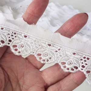 Koronka gipiurowa, haft nitką lekko błyszczącą do stosowania w krawiectwie, do celów zdobniczych, do firanek- produkcja polska- kolor: biały- szerokość koronki 2,5 cm