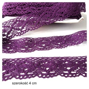 Koronka bawełniana do celów ozdobnych, do stosowania w krawiectwie - produkcja polska- kolor: ciemna lawenda- szerokość 4 cm- cena za mb