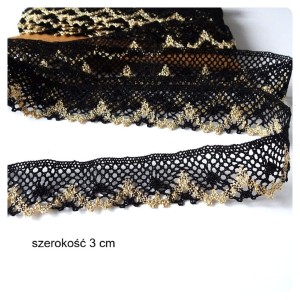 Koronka bawełniana do celów ozdobnych do stosowania w krawiectwie- kolor: czarny z delikatną złotą nitką- szerokość 3 cm