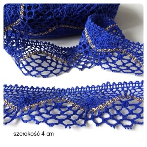 Koronka bawełniana do celów ozdobnych do stosowania w krawiectwie- kolor: chabrowy ze złotą nitką- szerokość 4 cm