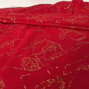 Tkanina dzianina elastyczna w kolorze czerwonym ze wzorem ze złotego brokatu - szerokość 1,45 mb -cena za kupon/ 2 mb x 1,45 mb