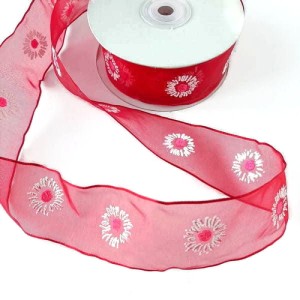 Wstążka szyfonowa, wzór w kwiaty, do celów zdobniczych - szerokość wstążki 40 mm, - kolory : czerwony w kwiaty