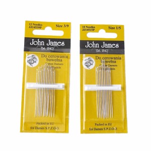 Igły do szycia i cerowania w dwóch rozmiarach - rozmiar: 3/9 ( 12 szt - 4,5-5 cm) - rozmiar: 1/5 ( 10 szt - 5 - 5,5 cm) - produkcja John James