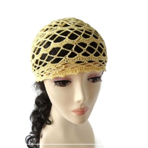 Czapka ażurowa w kolorze żółtym wykonana szydełkiem z włóczki 100 % bawełnianej. - rozmiar: na płasko wysokość 18 cm, obwód głowy 53-54 cm