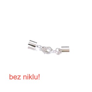 Karabińczyk okrągły (uwaga! bez niklu) z końcówkami o średnicy 9 mm  do wykorzystania przy robieniu biżuterii. Materiał do nawlekania należy do końcówki wkleić. kolory: srebrny