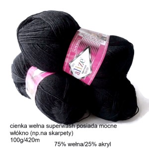 Włóczka Alize Superwash Comfort motek 100 g / 420 m / wełna 75 % + 25 % akryl kolor : czarny Dzięki mocnemu włóknie nadaje się na skarpetki