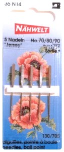 Zestaw igieł półpłaskich do szycia dzianin, jerseyu, do maszyn do szycia. Opakowanie 5 szt o grubości 70, 80, 90. Pasują do wszystkich maszyn domowych.