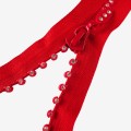 Zamek kostkowy z "cyrkoniami", rozdzielczy, taśma w kolorze  czerwonym - długość 60 cm