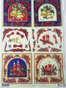 Karta formatu A4 wzorów świątecznych bożenarodzeniowych do wykonania 2 kartek w technice 3D.
Wszystkie wzory są nacięte i ponumerowane w kolejności naklejania.