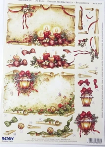 Karta formatu A4 ze wzorami świątecznymi na boże narodzenie  do wykonania 2 kartek w technice 3D. 
Wszystkie wzory są nacięte i ponumerowane w kolejności naklejania. 
Do tej techniki potrzebne są samoprzylepne gąbki.