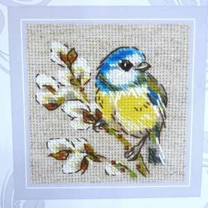 Zestaw do haftu krzyżykowego 2244 Sikorka na bawełnianej kanwie aida o gęstości 5,4 oczek/cm w kolorze lnianym - rozmiar obrazu 10cm x 10cm