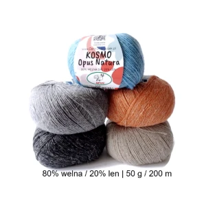 Włóczka wełniana z lnem KOSMO produkcji Opus Natura     - motek 50 g / 200 m / wełna 80 % + 20 % len     - na druty 3-4